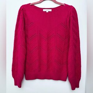 EUC LOFT Pointelle Knit Boat Neck Sweater Fuchsia Pink Women’s Size M